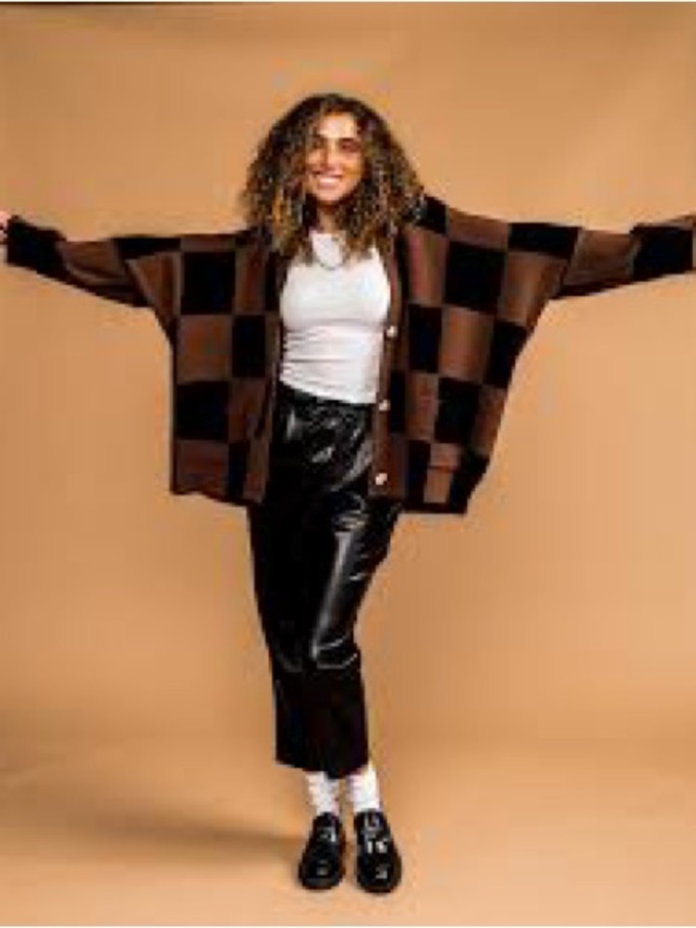 Dressed in LALA Brown and Black Checkerboard Oversized Cardigan